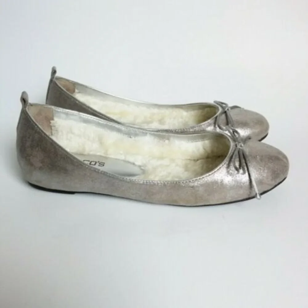 Chico's Glitter Faux Fur Lined Bow Front Flats Silver 9.5